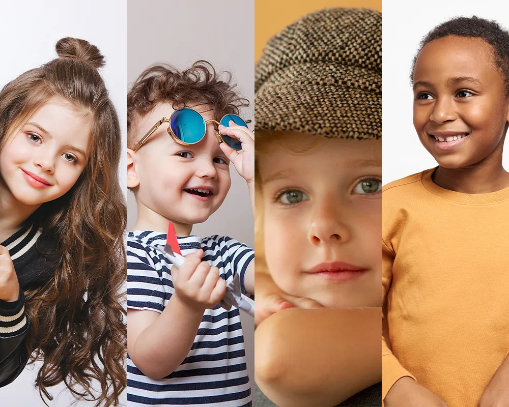 Quatro crianças modelos da Agência Vogue sorrindo em ensaio fotográfico